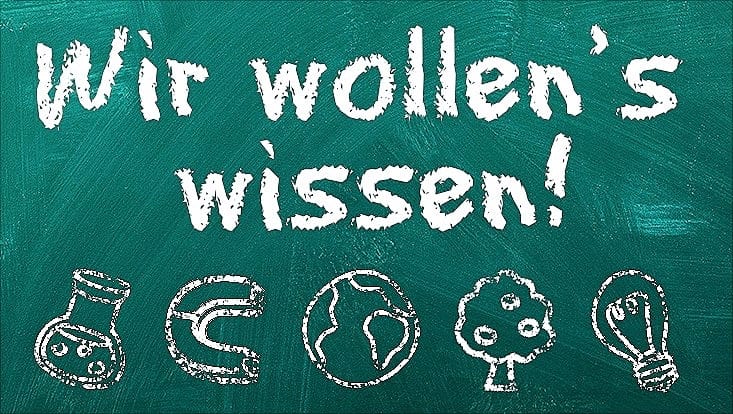 Tafel mit verschieden Symbolen und Schriftzug "Wir wollen's wissen!" / Board with various symbols and the words “We want to know!”